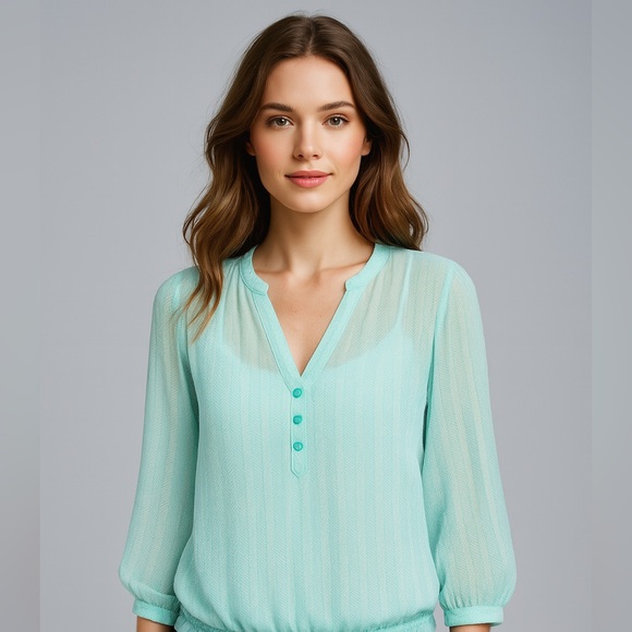 The Limited Aqua Blue Sheer Henley Blouse Size S Women's - Picture 2 of 9